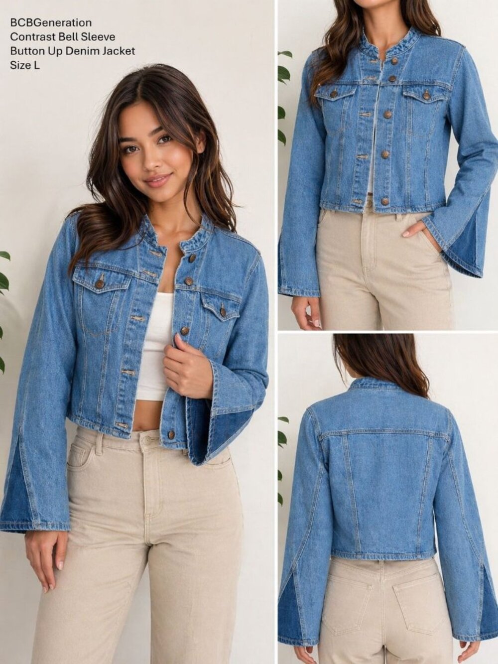 BCBGeneration Contrast Bell Sleeve Light Blue Button Up Denim Jacket size L